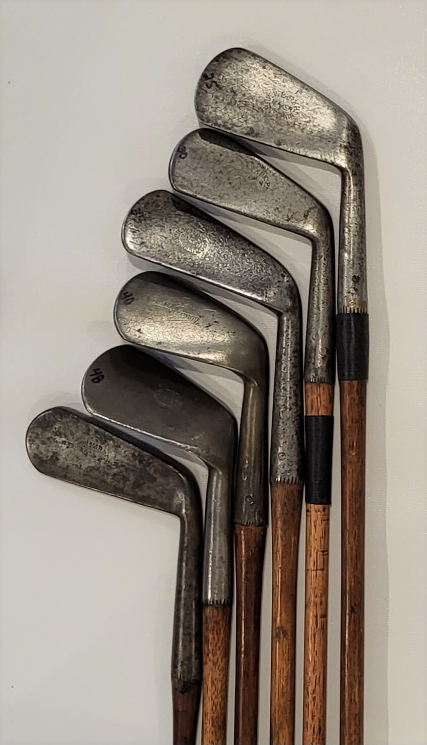 Antique hickory golf clubs; 6 Wm Park gutty irons 5 lofts +putter