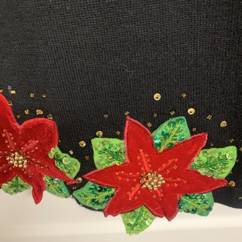Bobbie Bell Sweater Womens Large Black Christmas Red Poinsettia Beads Sequins - Picture 5 of 10
