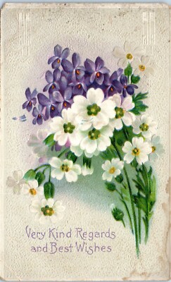 Very Kind Regards and Best Wishes, Embossed Flowers  Postcard