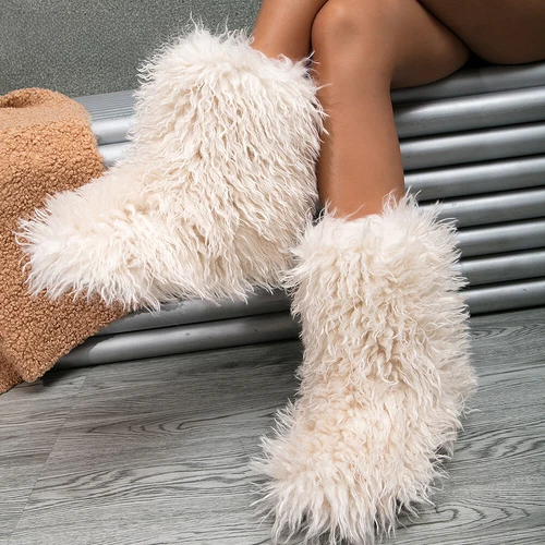Invierno Zapatos Peludos Mujeres Piel Botas para Nieve Botas Esponjosas Cálidas Imitación Lana Felpa Botas - Imagen 2 de 28