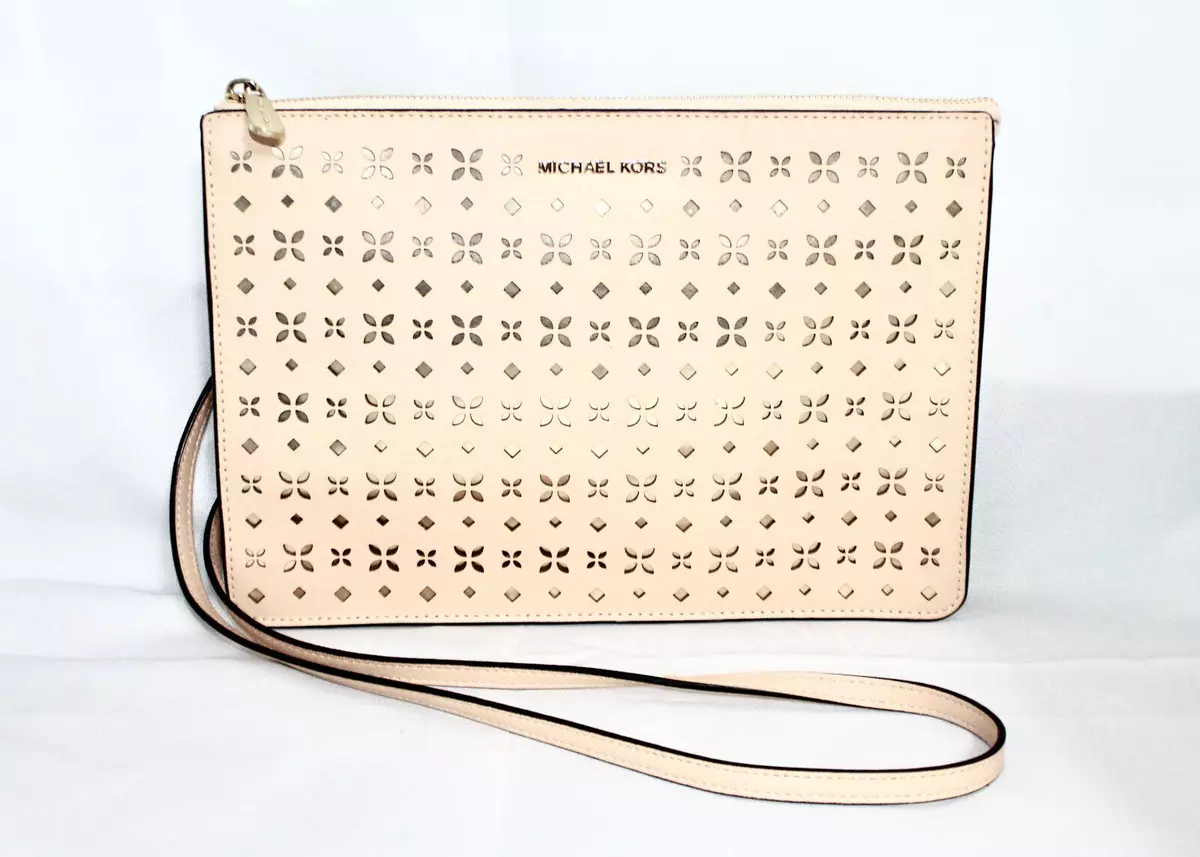 MICHAEL KORS Ava LG Convertible Pouch Crossbody Light Peach Laser Cut Leather