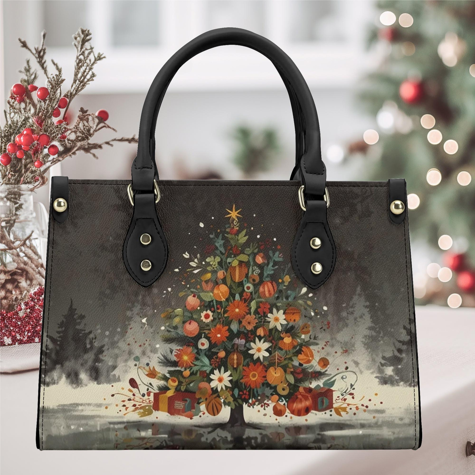 Christmas Tree holiday winter Handbag shoulder purse tote Vegan leather tree