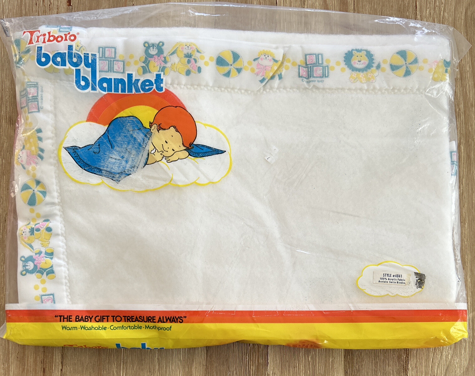 Vintage TRIBORO Acrylic Baby Blanket White w/ Printed Satin Binding