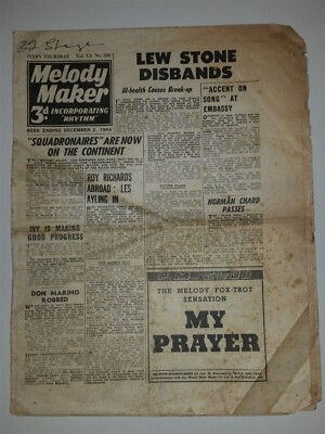 MELODY MAKER #593 2ND DECEMBER 1944 LEW STONE DISBANDS SQUADRONAIRES IVY BENSON