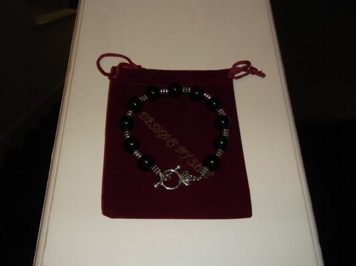 MEN'S HANDMADE 9 1/2" 12 MM BLACK AGATE ONYX & TIBETAN SLIVER BEADED BRACELET - Picture 6 of 7