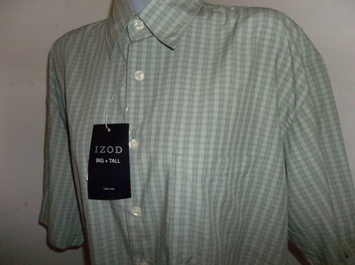NWT $50.00 IZOD Mens Size LARGE BIG/TALL Green Plaid Rayon Dress Shirt Short Slv - Imagen 10 de 11