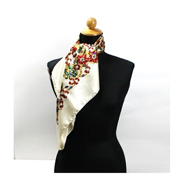 Chanel Silk Scarf Cream Jewel Jewelry Pattern Multicolor 87