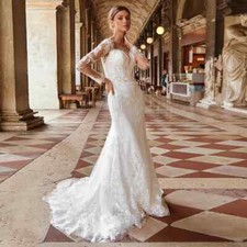Scoop Neck Long Sleeves Sequin Appliques Button Back Lace Mermaid Wedding Dress
