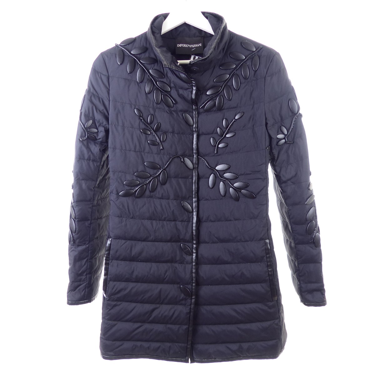 EMPORIO ARMANI Steppmantel Daunen Leder Applikation Blüten Schwarz