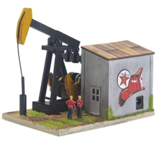HO Scale Realistic Moving Oil Beam Pump Building with Workers and Dog Weathered