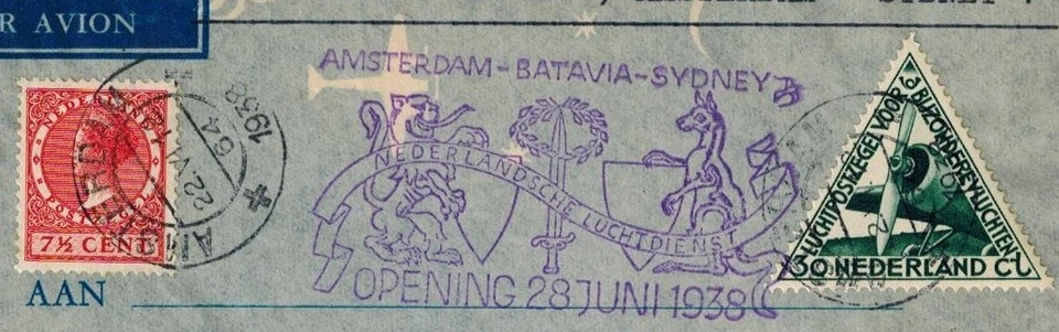 Netherlands 1938 First Flight Cover w/PURPLE CACHET & SC 174 & C10 - Image 2 of 4