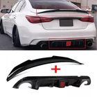 Rear Bumper Diffuser LED & PSM Trunk Spoiler For 18-23 Infiniti Q50 Glossy Black