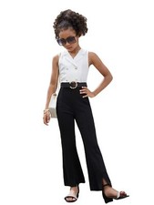 Girl's Color Block Lapel Neck Sleeveless Flare Leg Split Hem Elegant Jumpsuit...