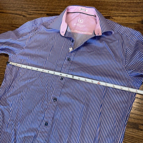 BUGATCHI Shaped Fit Mens Long Sleeve Pink Flip Cuff Blue Stripe Medium - Picture 7 of 8