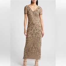 PISARRO NIGHTS Beaded Mesh Column Gown In Oyster size 2