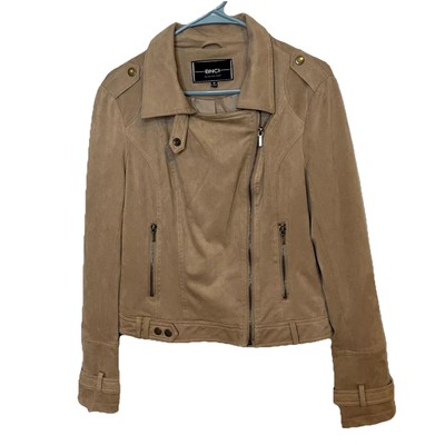 BNCI Blanc Noir Womens Biker Jacket Brown Moto Suede Collared Pocket Size M