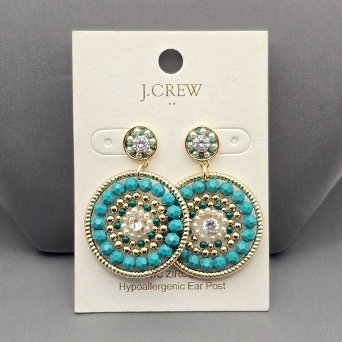J.Crew Faux Turquoise Bead & CZ Dangle Earrings 1.75" Gold Tone Hypoallergenic - Picture 6 of 6