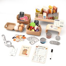 Youuys Cash Register for Kids, Wooden Grocery Store Playset with Shelf 50 ...
