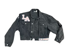 90s LA Gear, Jean Jacket, Black, Pink/Gray Lettering,Size XS, Festival,Authentic