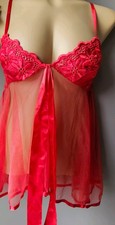 Vintage Scarce 90s Frederick's Red Babydoll Chemise Mesh Floral Embroidered Sz S