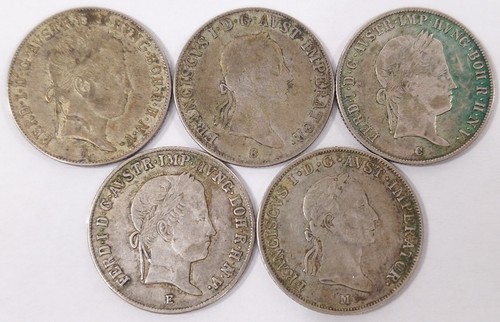 Lot of 5 1832-1848 Austria 20 Kreuzer A, B, C, E, M Mint Mark Silver Coins 03792