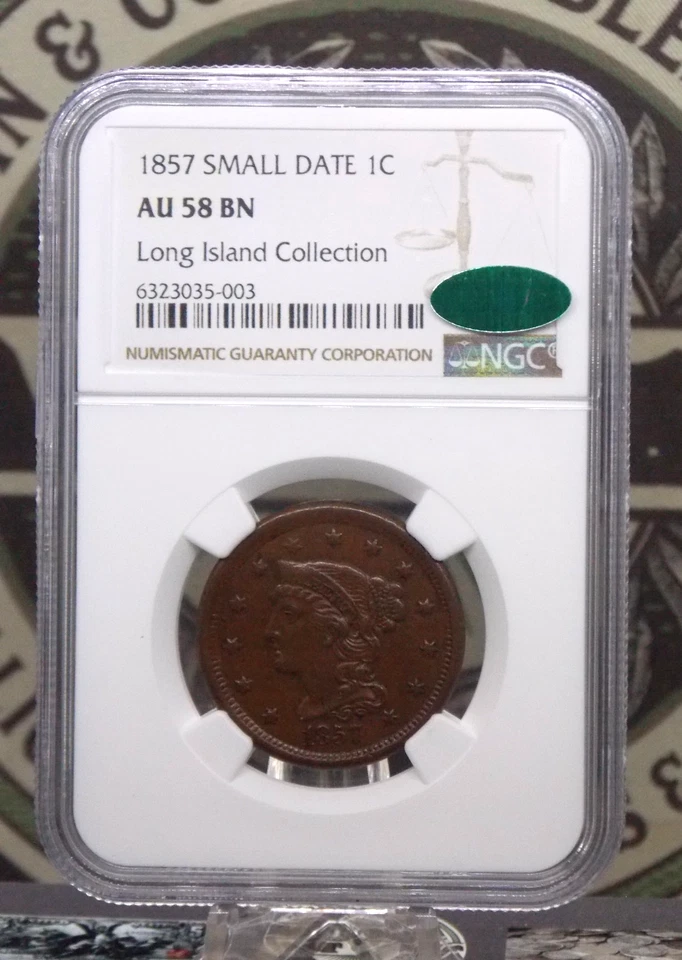 1857 Braided Hair Large Cent *SMALL DATE* 1c NGC AU58 BN CAC #003 About Unc - Image 3 of 4