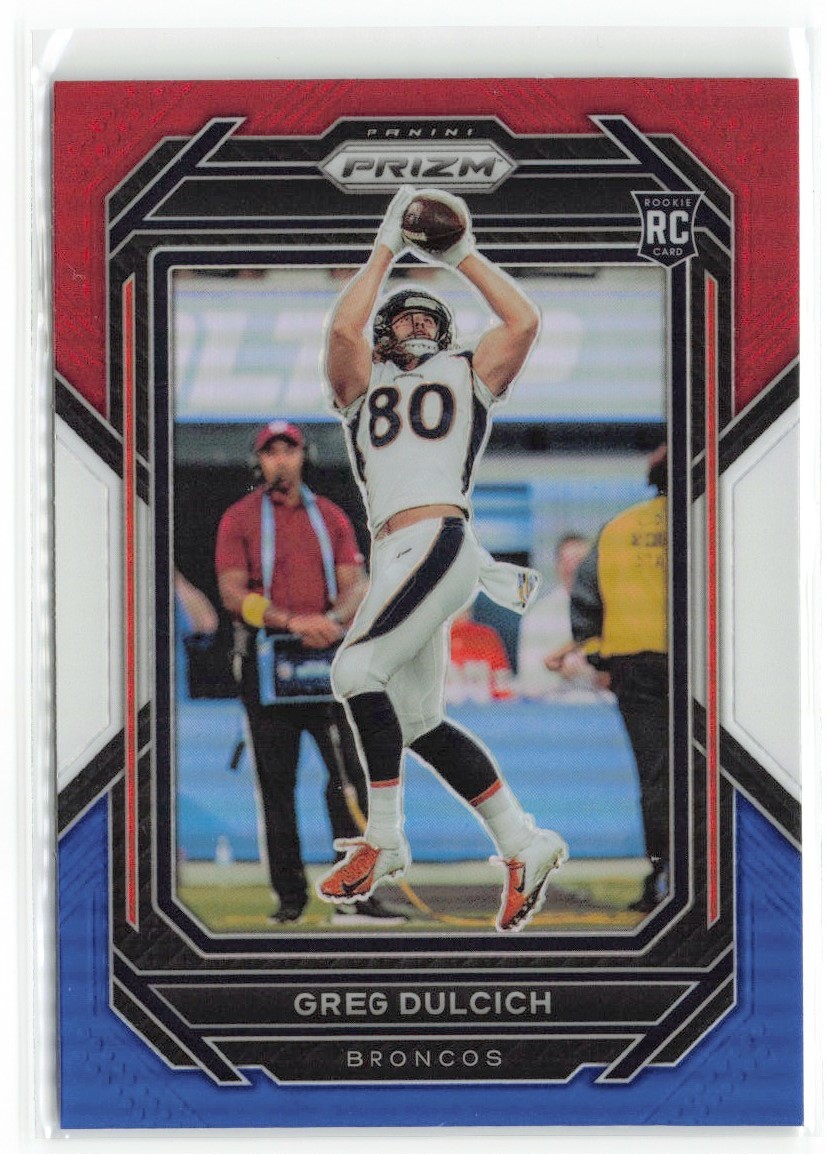 2022 Panini Prizm Red White Blue Greg Dulcich RC Denver Broncos #360