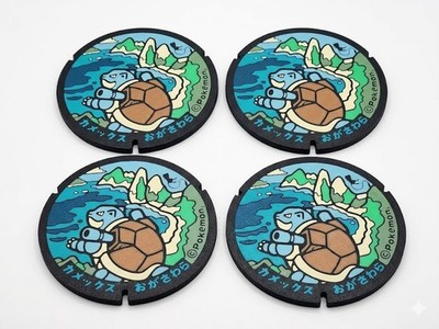 Set of 4 Pokémon Blastoise Japanese Manhole Coasters | 3D Printed Drink Coasters
