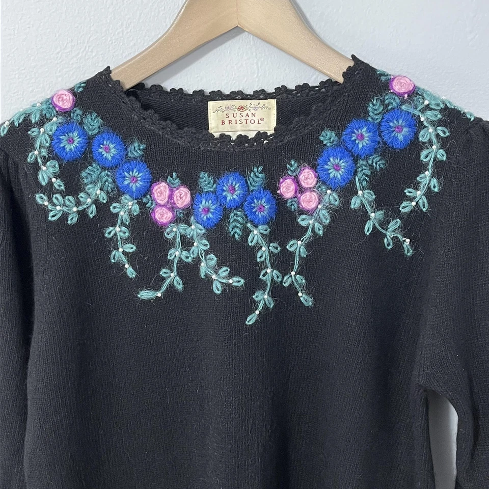 Vintage Susan Bristol Sweater Womens 36 Black Floral Hand Embroidered Angora 80s - Image 2 of 4