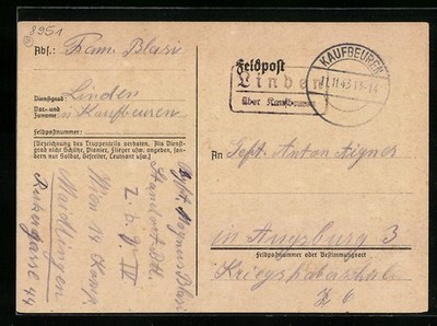 Landpoststempel Linden über Kaufbeuren, Ansichtskarte 1943 