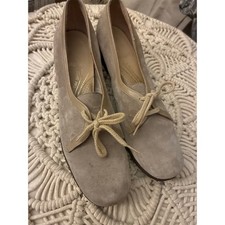 Vintage Ramblers Florsheim Taupe Suede Lace Up Block Heel Pumps Shoes Womens