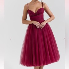 House of CB NEW S Countess Cabernet Tulle Midi Dress
