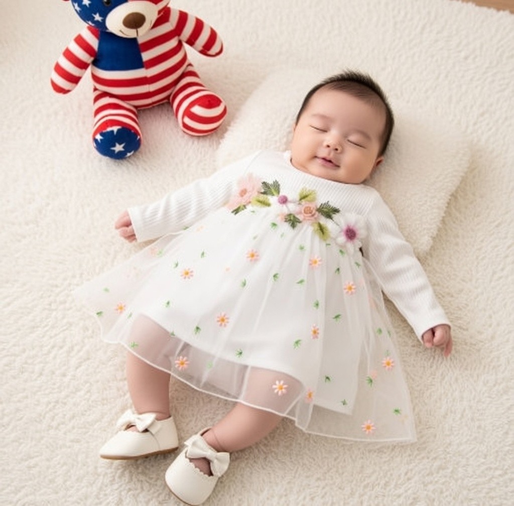 Premium Baby Girl Floral Embroidery Mesh Princess Dress–Long Sleeve | 3-6 Months