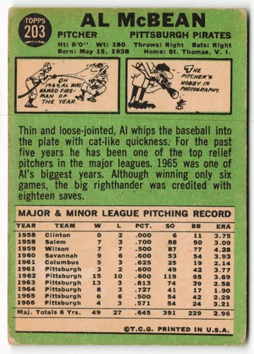 1967 Al McBean Topps - Piratas de Pittsburgh - pliegue - Imagen 2 de 2