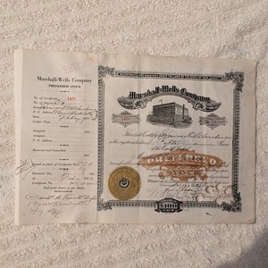 Marshall Wells preferred stock #1458 certificate antique vintage duluth mn