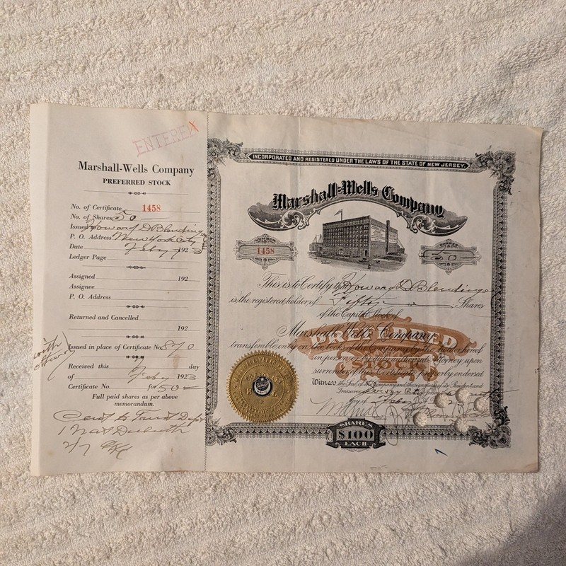 Marshall Wells preferred stock #1458 certificate antique vintage duluth mn