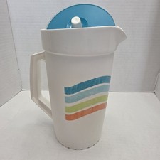 Tupperware 2 QT Push Button Pitcher Teal Green Orange Summer Stripes RETRO VTG