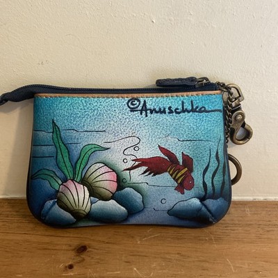 Anuschka Hand Painted Leather Coin Key Purse Top Zipper Ocean Fish Mermaid