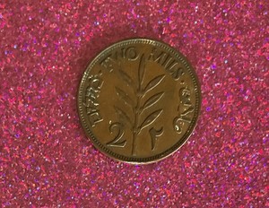 1927 British Mandate Palestine 2 Mils Bronze Coin with Olive Tree Branch Design
