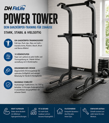 DH FitLife Power Tower Dip Station Klimmzugstange Kraftstation Home Gym 150kg
