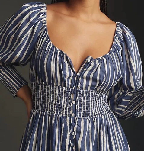 Anthropologie Striped Sweetheart Long Sleeve Button Down Midi Boho Dress Size LP