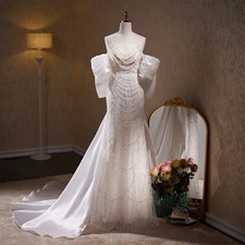 Luxury Pearl Beaded Wedding Dress Detachable Trail Off Shoulder Mermaid Bridal