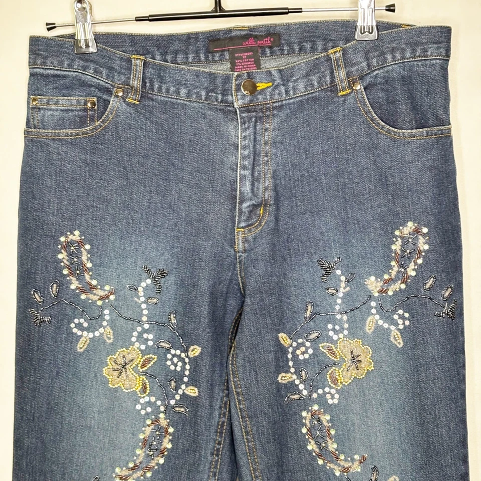 Pantalones de mezclilla Willi Smith florales bordados acampanados con cuentas talla 12 tiro medio Y2K Boho Foto 3 de 4