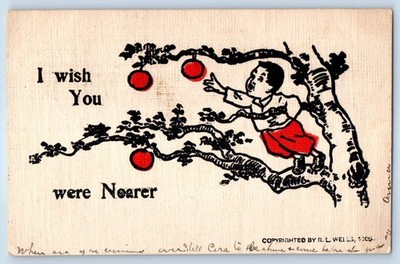 1907 Boy On Top Of Tree Apple I Wish You Were Nearer South Boardman MI Postcard
