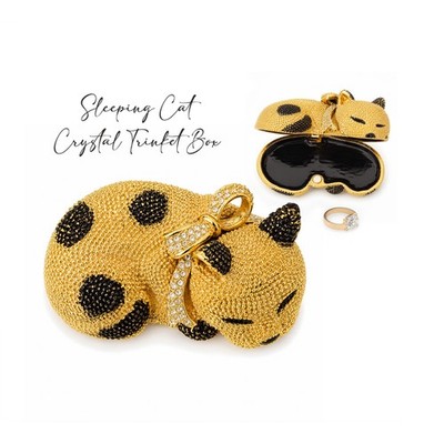 Vintage Sleeping Cat Crystal Trinket Ring Box Gold Rhinestone Luxury Collectible