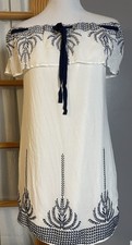 The Vanity Room Navy Embroidery Dress S Off The Shoulder White USA Made Beach