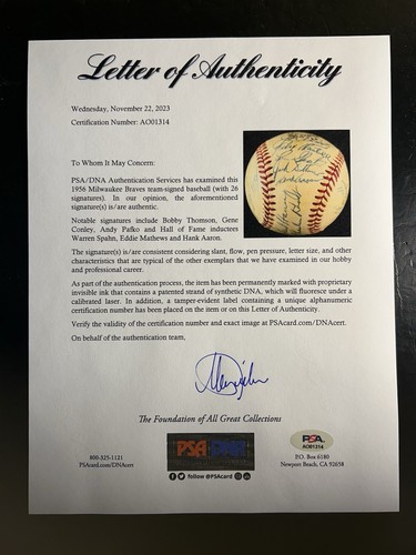 1956 Milwaukee Braves Signed Baseball PSA DNA Encapsulated Aaron Spahn Mathews - Bild 11 von 11