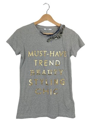 LIU JO Damen T-Shirt Gr. S Grau Gold Print Schmucksteine Strass