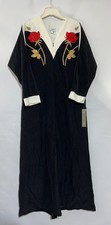 NOS Vintage APPEL housecoat robe large black women 1/2 zip appliqu embroidered