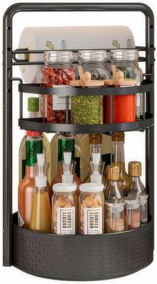 JEESA Rotating Spice Rack with Paper Towel Holder, Black | 2 Tier Lazy Susan, St